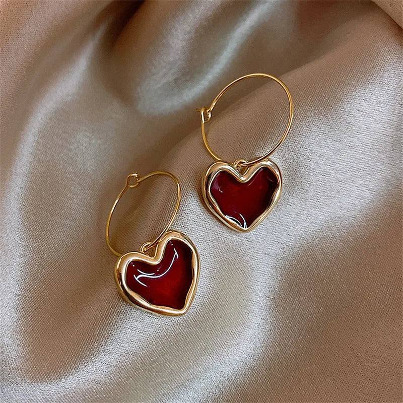 Sweet Burgundy Enamel Heart Earrings