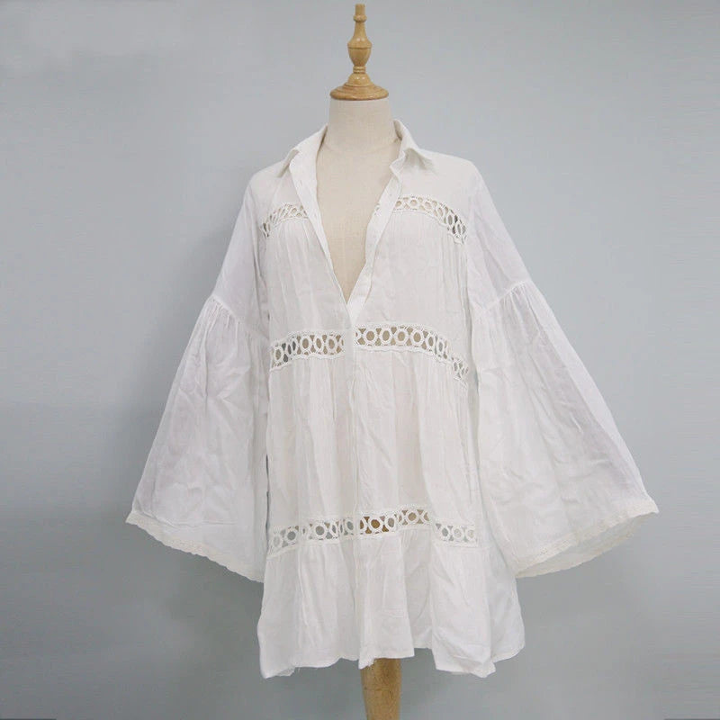 Cover-Up White Hollow Long Sleeve Beach Dress