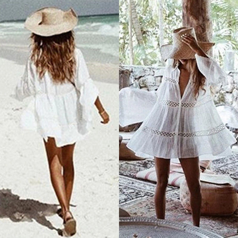 Cover-Up White Hollow Long Sleeve Beach Dress