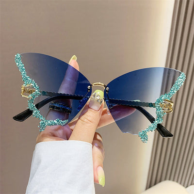 Fashion Rhinestones Butterfly Rimless Oversized Sun Glasses