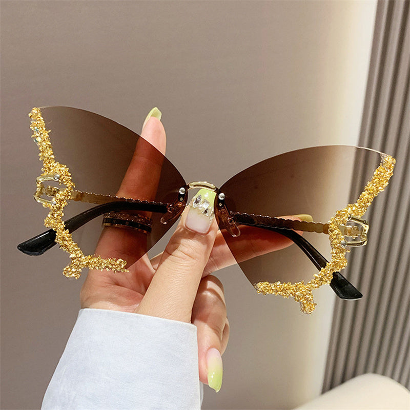 Fashion Rhinestones Butterfly Rimless Oversized Sun Glasses