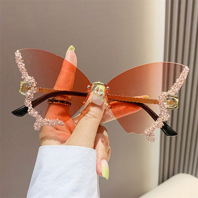 Fashion Rhinestones Butterfly Rimless Oversized Sun Glasses