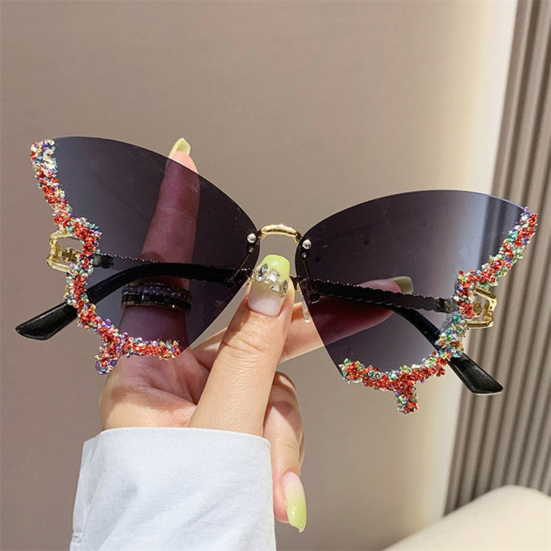 Fashion Rhinestones Butterfly Rimless Oversized Sun Glasses