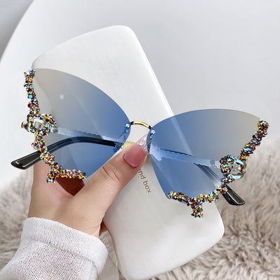 Fashion Rhinestones Butterfly Rimless Oversized Sun Glasses