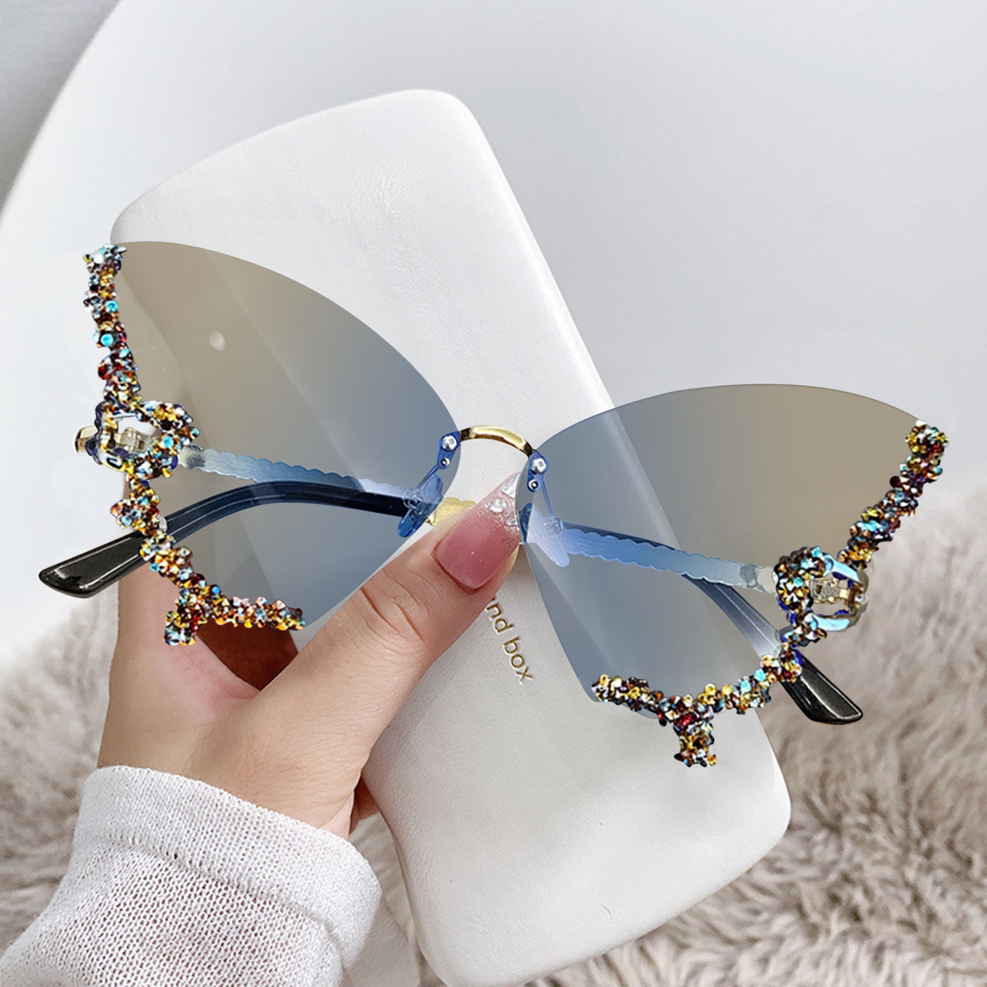 Fashion Rhinestones Butterfly Rimless Oversized Sun Glasses