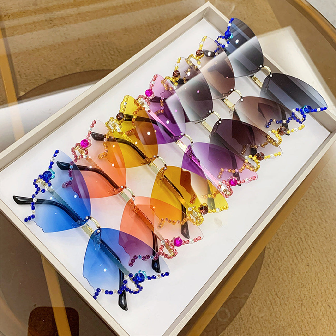 Fashion Rhinestones Butterfly Rimless Oversized Sun Glasses