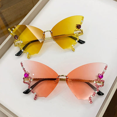 Fashion Rhinestones Butterfly Rimless Oversized Sun Glasses