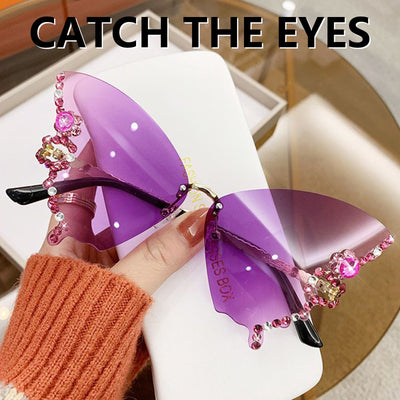 Fashion Rhinestones Butterfly Rimless Oversized Sun Glasses