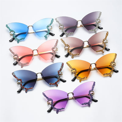 Fashion Rhinestones Butterfly Rimless Oversized Sun Glasses