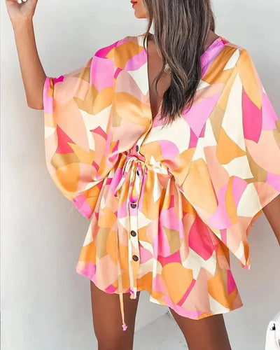 Flying Sleeve V-neck Print Beach Party Dresses