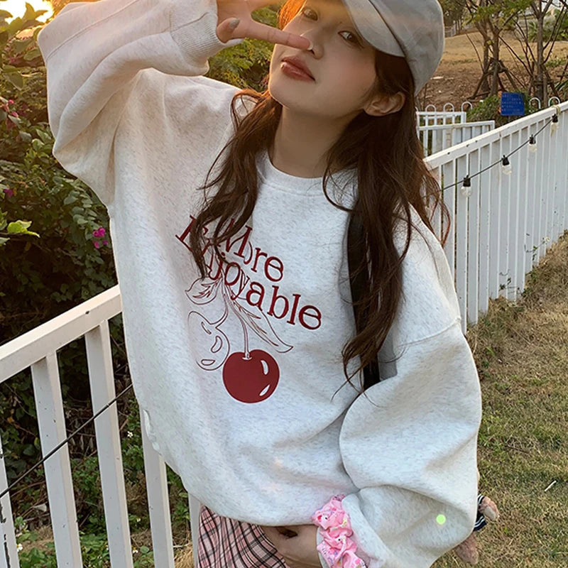 Korean Cherry Print Round Neck Long Sleeve Loose Casual Sweatshirt