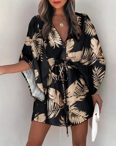 Flying Sleeve V-neck Print Beach Party Dresses