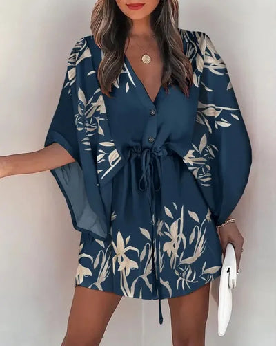 Flying Sleeve V-neck Print Beach Party Dresses