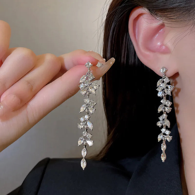 Luxury Leaf Crystal Long Earrings