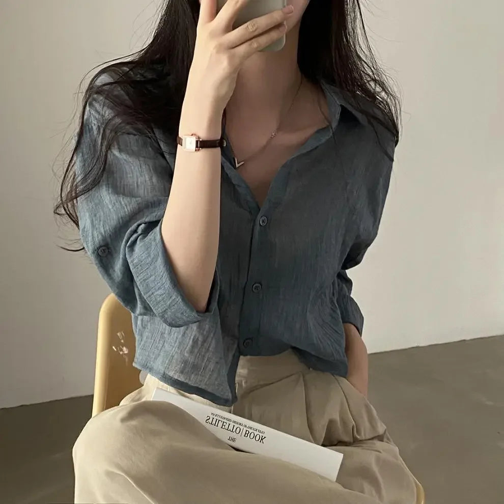 Trendy Shirt Blouse Simple Thin Pure Color Anti-UV Shirt