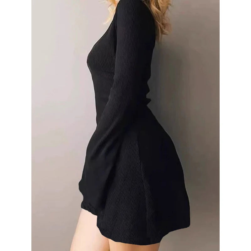 V Neck Long Sleeve Slim Solid Color Mini Dress