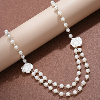 French Pearl Camellia Double Layer Necklace