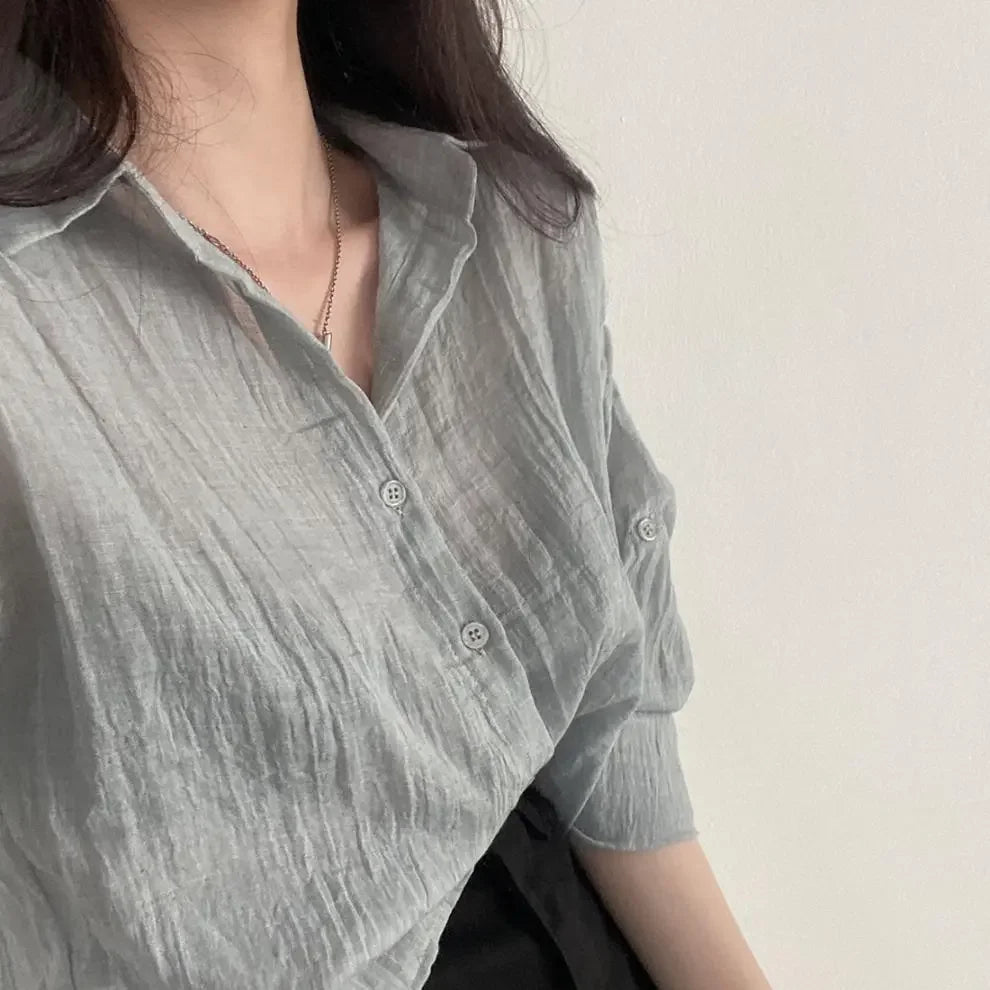 Trendy Shirt Blouse Simple Thin Pure Color Anti-UV Shirt