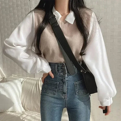 False Two-piece Polo Collar Elegant Blouses