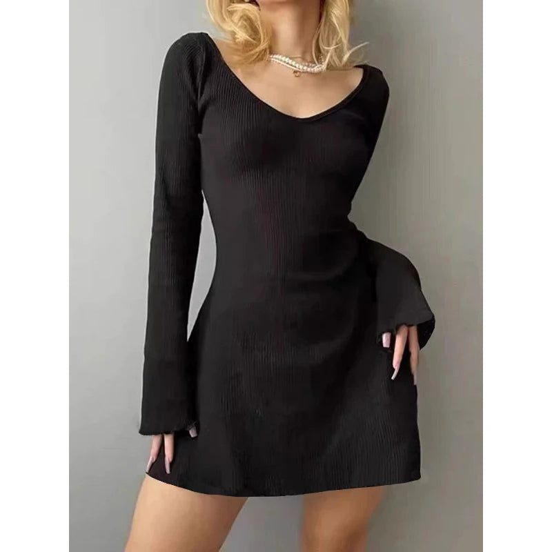 V Neck Long Sleeve Slim Solid Color Mini Dress