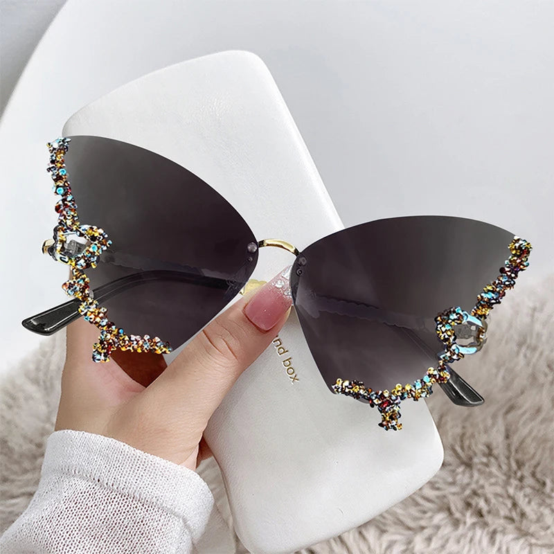 Fashion Rhinestones Butterfly Rimless Oversized Sun Glasses