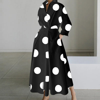 Long Sleeve Dot Print Elegant Maxi Dress