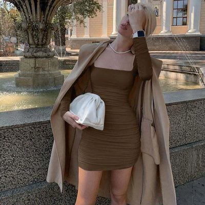 Solid Women Long Sleeve Mini Dress