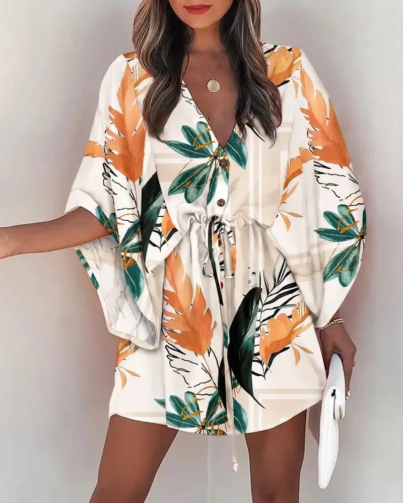 Flying Sleeve V-neck Print Beach Party Dresses