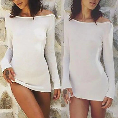 Long Sleeve Solid Color See Through Club Beach Mini Dress