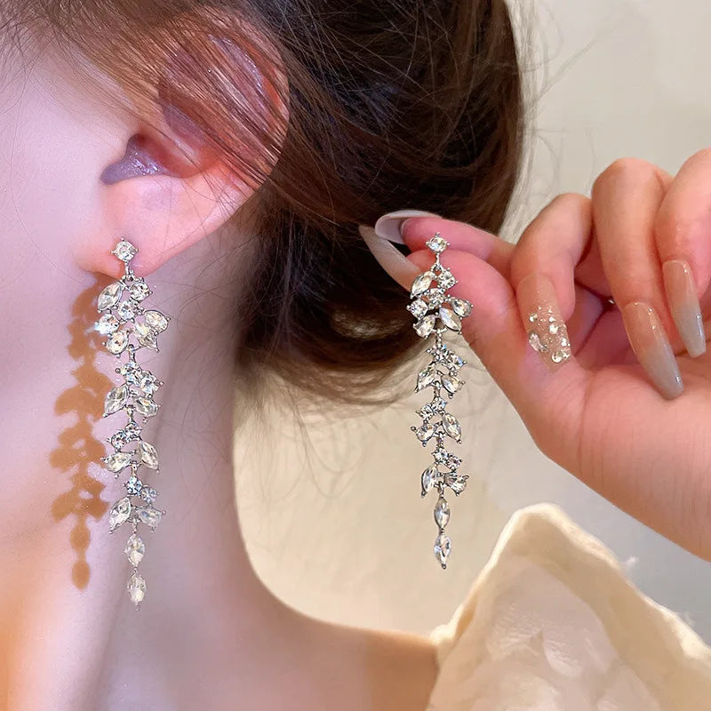 Luxury Leaf Crystal Long Earrings