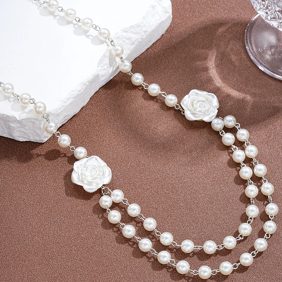 French Pearl Camellia Double Layer Necklace