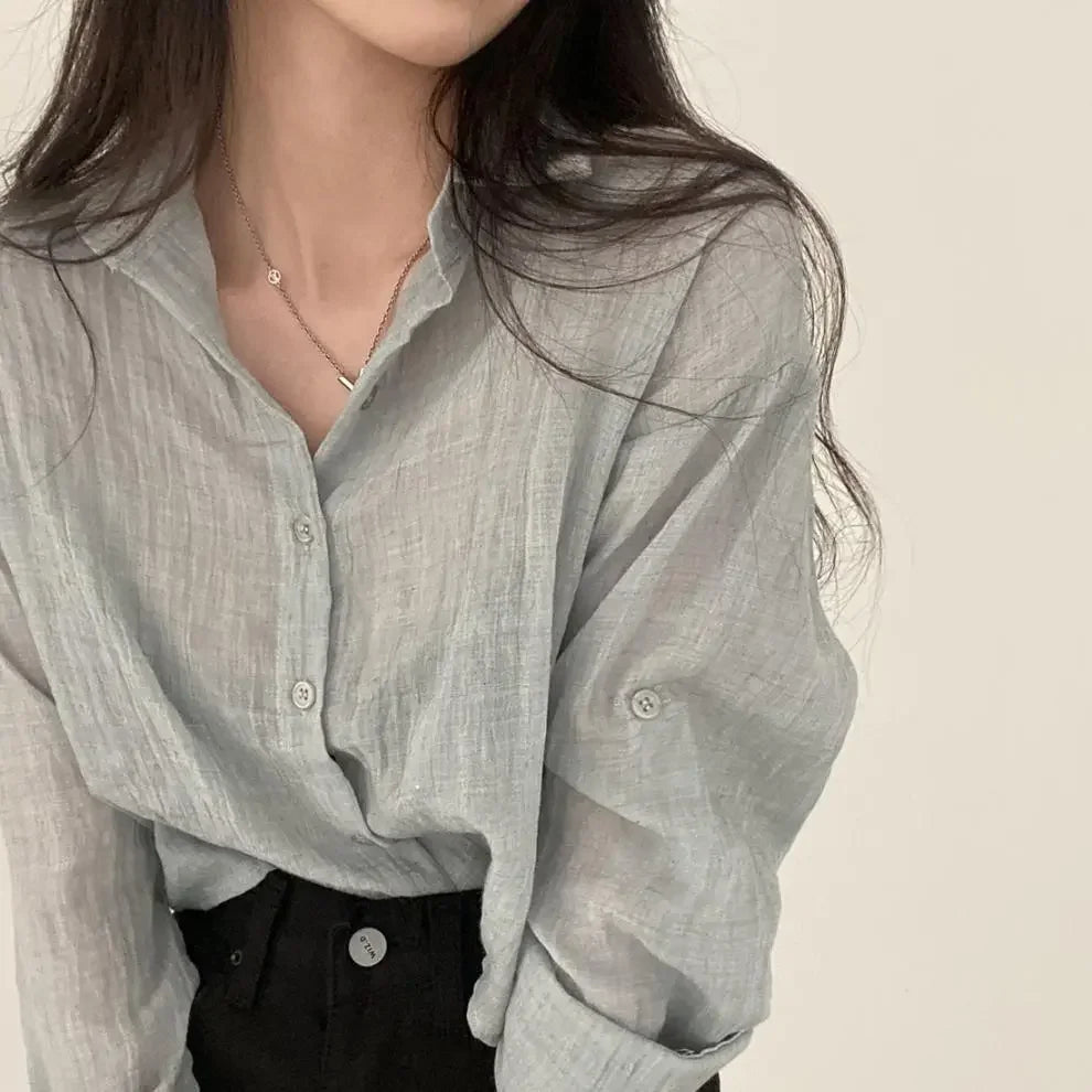 Trendy Shirt Blouse Simple Thin Pure Color Anti-UV Shirt