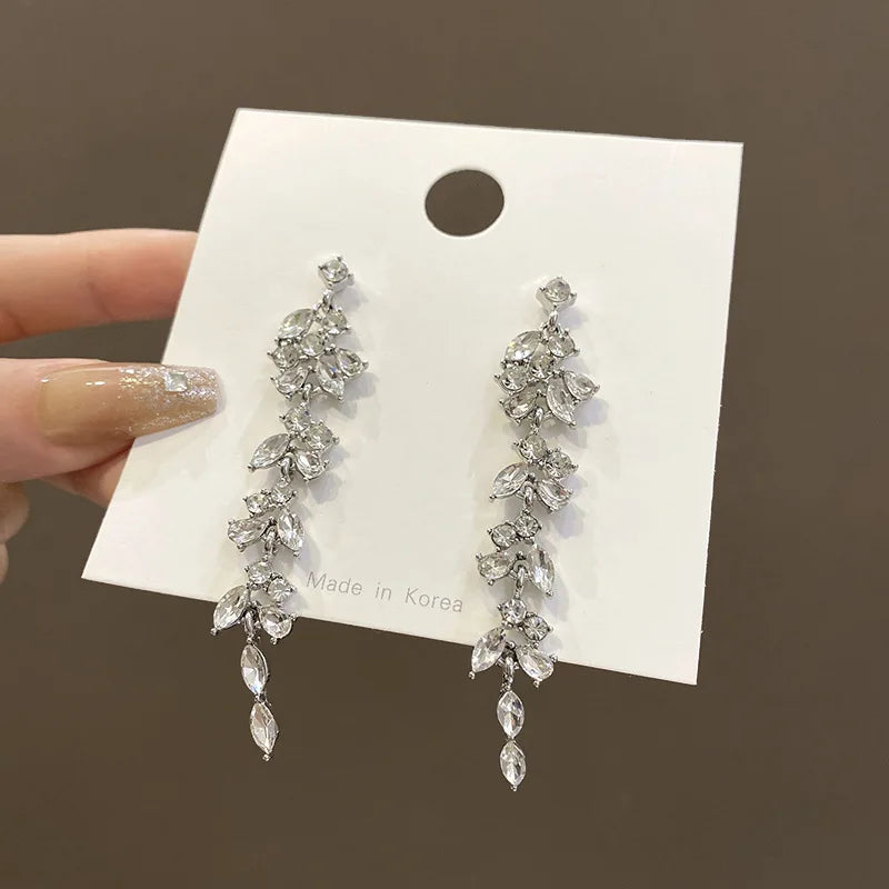 Luxury Leaf Crystal Long Earrings