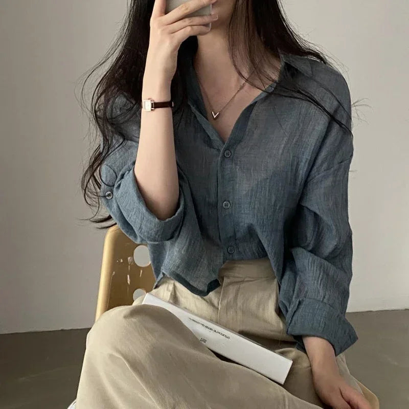 Trendy Shirt Blouse Simple Thin Pure Color Anti-UV Shirt