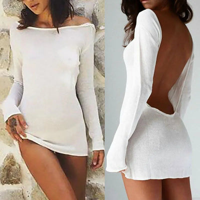 Long Sleeve Solid Color See Through Club Beach Mini Dress