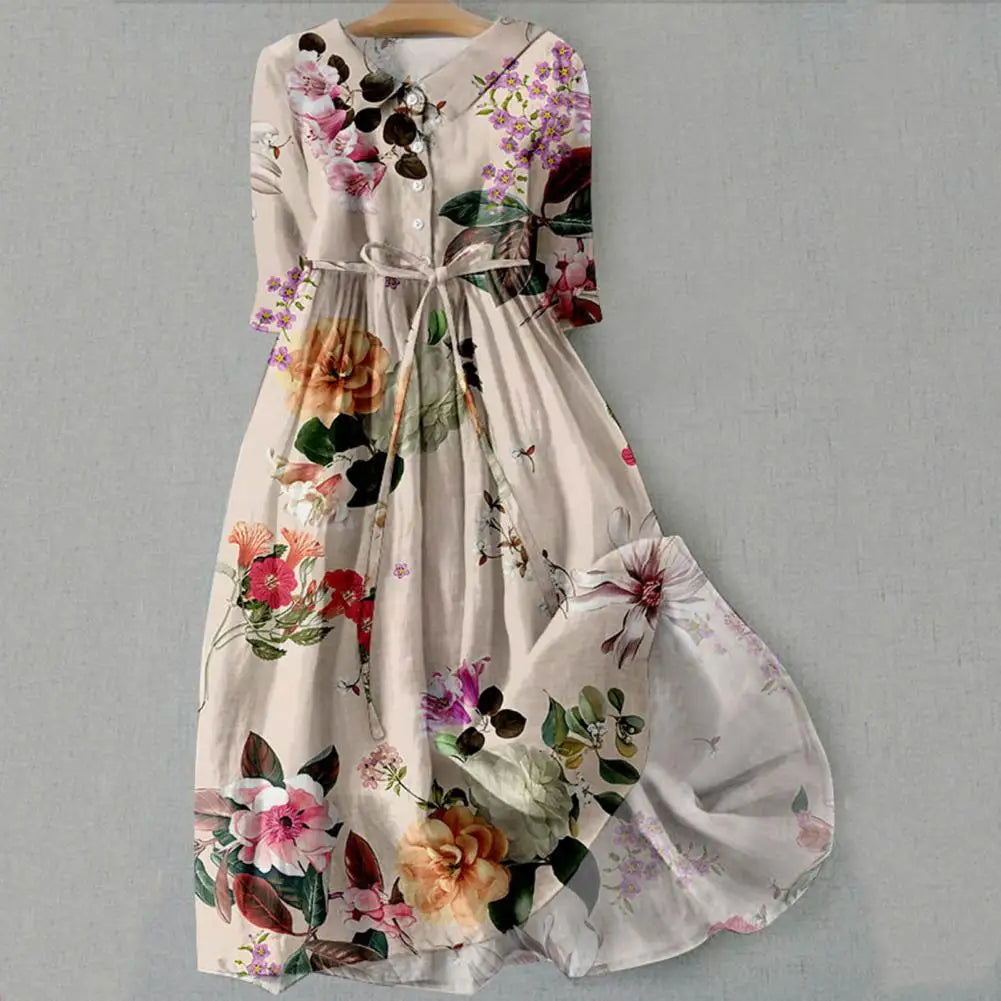 Floral Print Mid Sleeve Lapel Dress