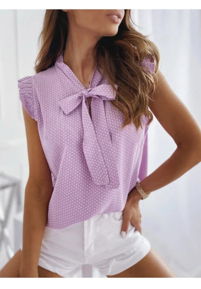 Elegant Ruffles Sleeveless Polka Pot Lace Up Tie Bow Blouses and Shirts