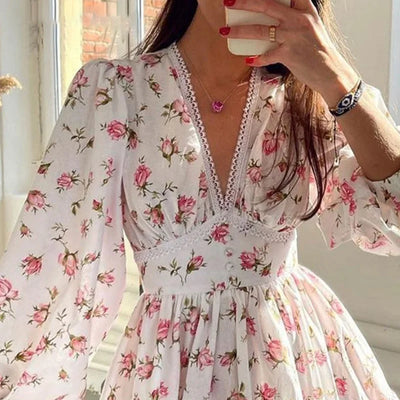 Long Sleeve Floral Print Ruffles Dress