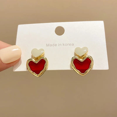 Trendy Sweet Burgundy Enamel Heart Earrings