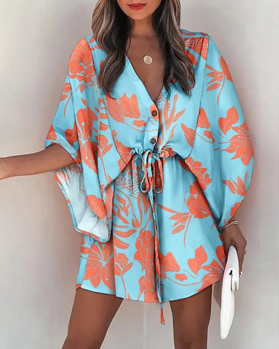 Flying Sleeve V-neck Print Beach Party Dresses