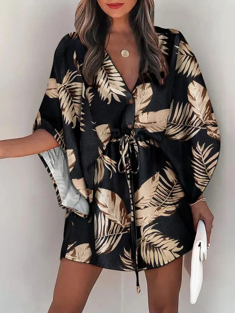 Flying Sleeve V-neck Print Beach Party Dresses