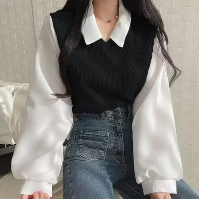 False Two-piece Polo Collar Elegant Blouses