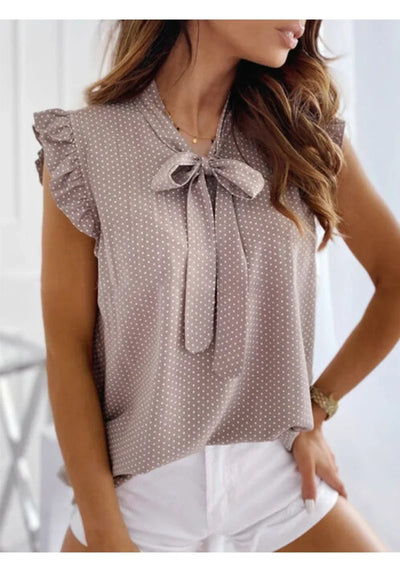 Elegant Ruffles Sleeveless Polka Pot Lace Up Tie Bow Blouses and Shirts