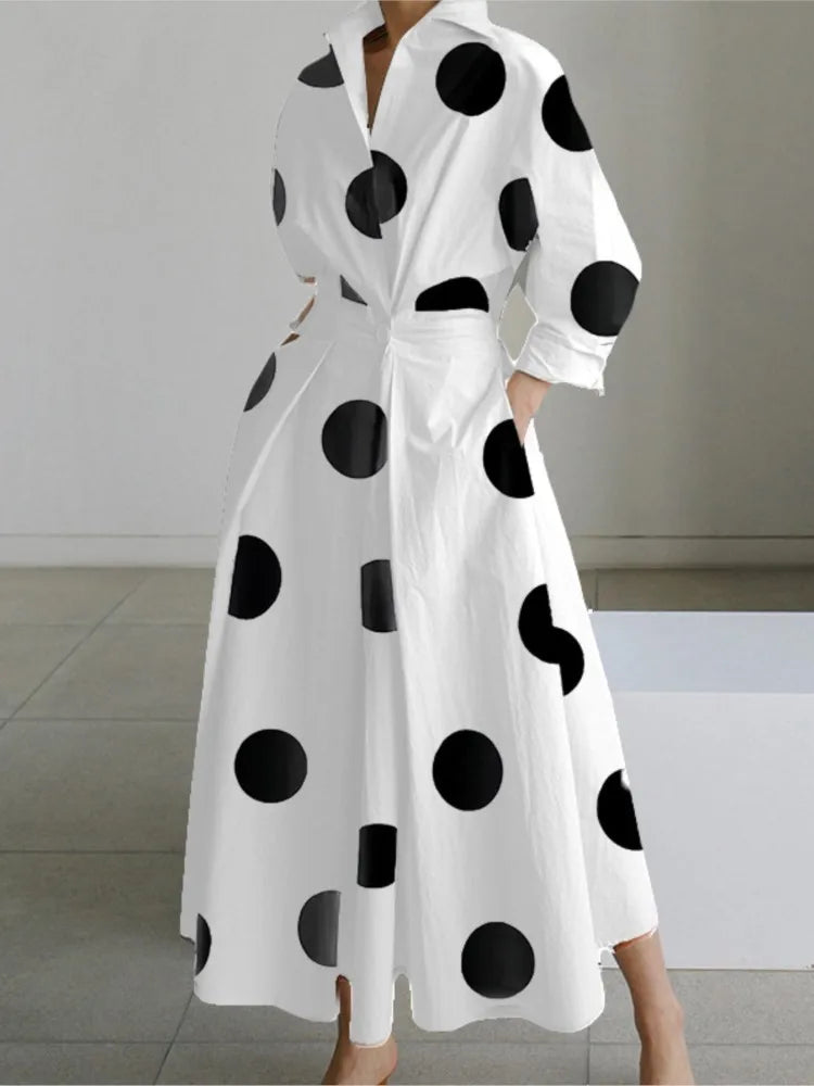 Long Sleeve Dot Print Elegant Maxi Dress