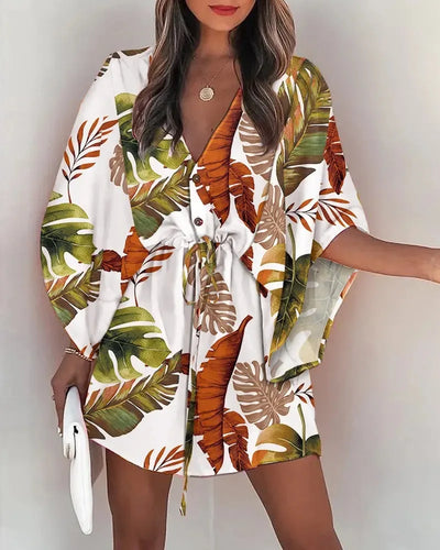 Flying Sleeve V-neck Print Beach Party Dresses