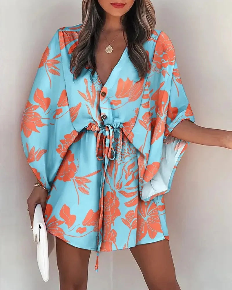 Flying Sleeve V-neck Print Beach Party Dresses