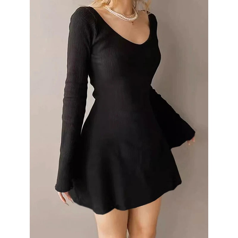 V Neck Long Sleeve Slim Solid Color Mini Dress