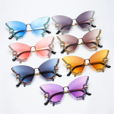 Fashion Rhinestones Butterfly Rimless Oversized Sun Glasses