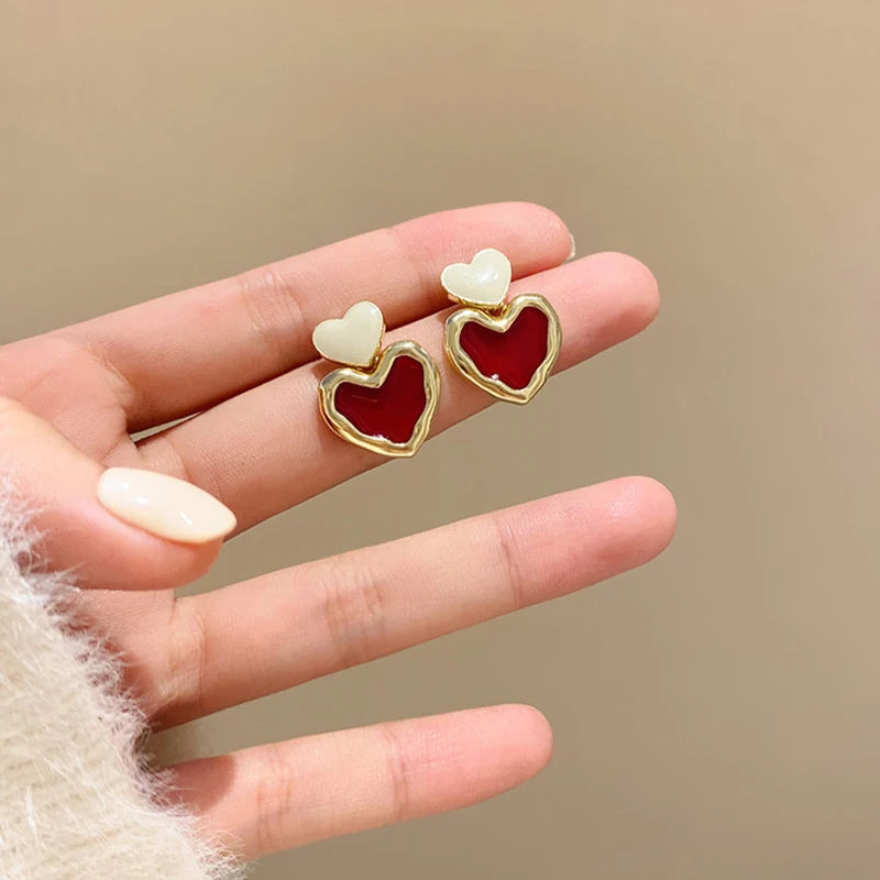 Trendy Sweet Burgundy Enamel Heart Earrings