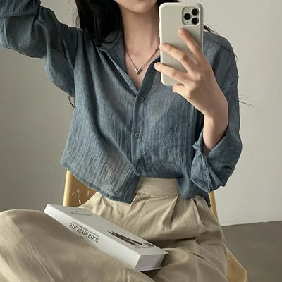 Trendy Shirt Blouse Simple Thin Pure Color Anti-UV Shirt